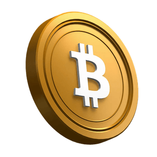 Elemento visual de la sección hero con una moneda Bitcoin BTC inclinada